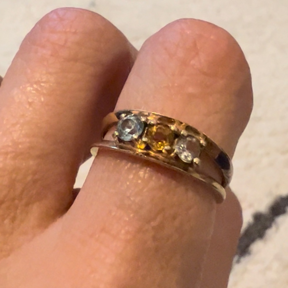 10K Gold.  Blue Topaz, Citrine, and Smokey Topaz.  Size 7.
